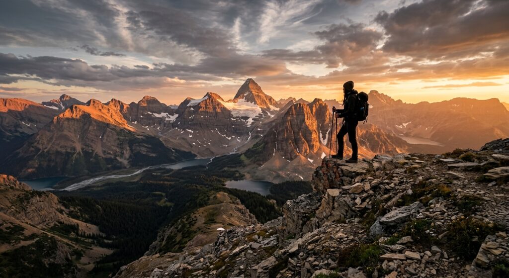 A breathtaking, professional editorial photograph of a jagged mountain range in a North American nat