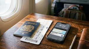 A high-quality, editorial-style conceptual photograph of a passport and a boarding pass resting on a