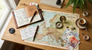 A high-angle professional editorial shot of a travel planner, a vintage compass, scattered foreign c