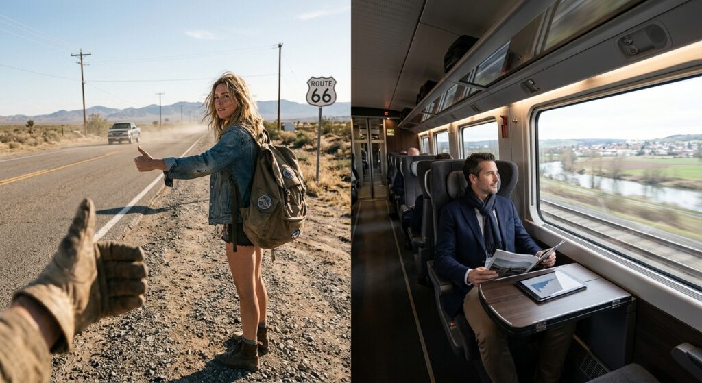 A split-composition editorial shot juxtaposing a dusty roadside with a thumb outstretched for a hitc