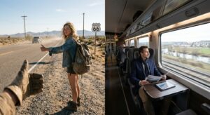 A split-composition editorial shot juxtaposing a dusty roadside with a thumb outstretched for a hitc