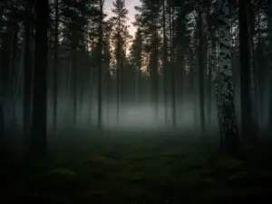 Mroczny polski las o zmierzchu – sceneria przypominająca grę 99 dni w lesie na Roblox