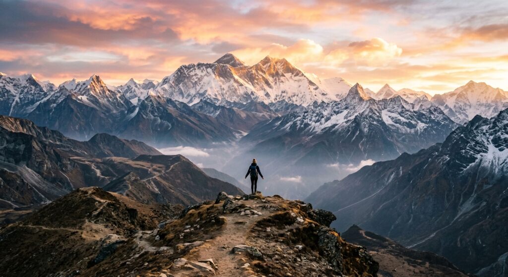 A high-quality, atmospheric editorial shot of a lone traveler standing small against a vast, majesti