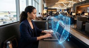 A professional, editorial-style photograph of a traveler working on a laptop in a modern airport lou