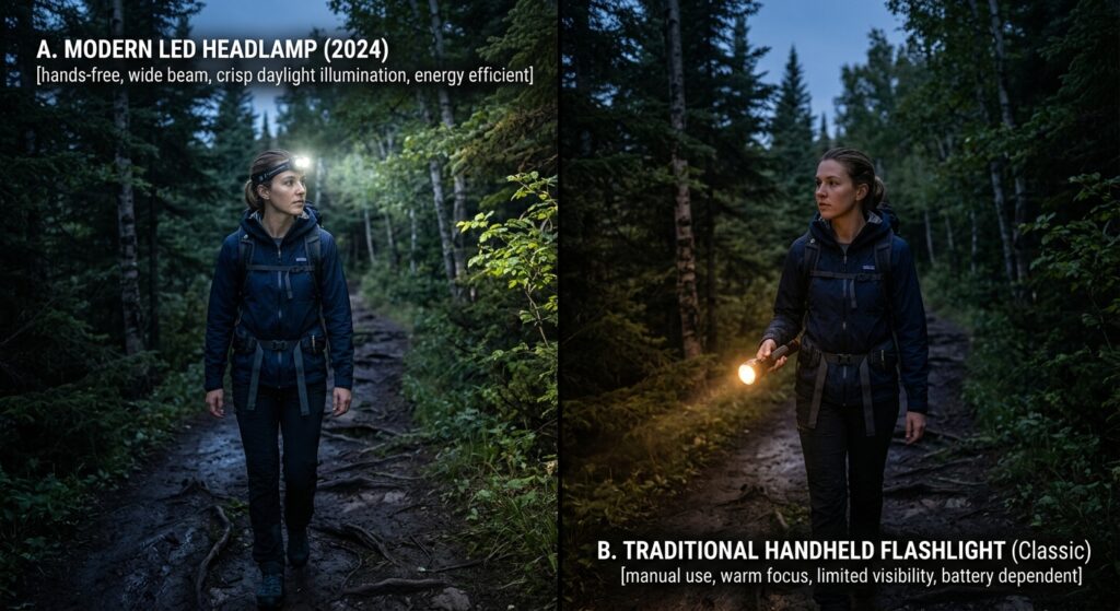 A high-quality, split-screen editorial shot comparing a modern LED headlamp and a traditional handhe