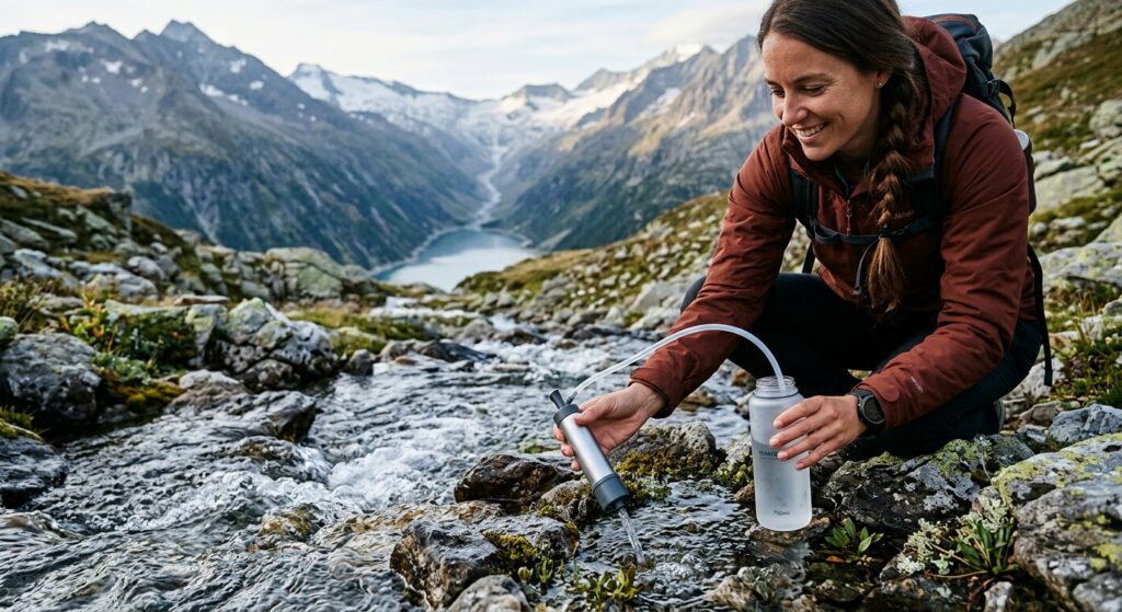 A professional editorial shot of a minimalist water filter being used to draw crystal-clear stream w