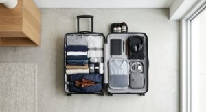 A minimalist, high-angle editorial shot of an open carry-on suitcase neatly packed with organized cl