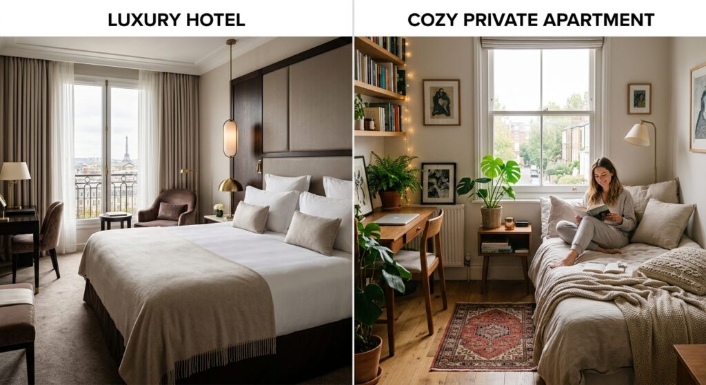 A professional editorial split-screen image contrasting a luxury hotel bedroom with a cozy modern pr