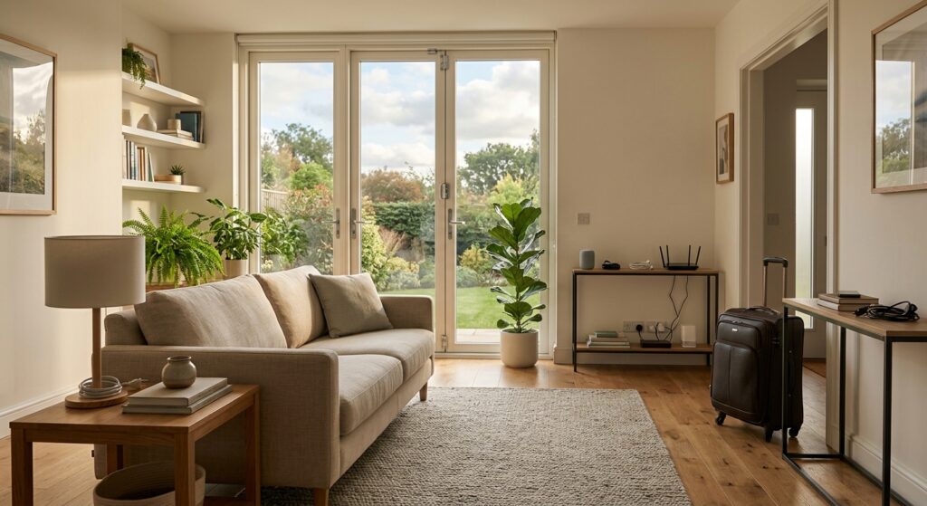 Professional editorial photograph of a modern, organized home interior with secured windows and unpl