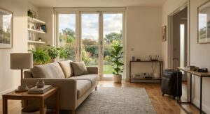 Professional editorial photograph of a modern, organized home interior with secured windows and unpl