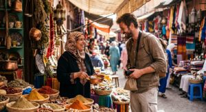 A high-angle, cinematic portrait of a warm, genuine interaction between a local host and a traveler