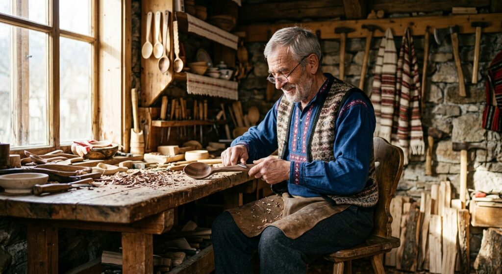 A professional editorial photograph of an elderly local artisan wearing traditional folk attire whil