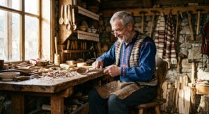 A professional editorial photograph of an elderly local artisan wearing traditional folk attire whil