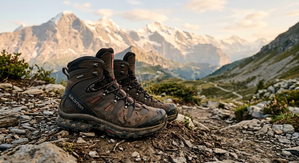 Professional editorial shot of high-quality hiking boots with visible technical membrane texture, re