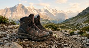Professional editorial shot of high-quality hiking boots with visible technical membrane texture, re