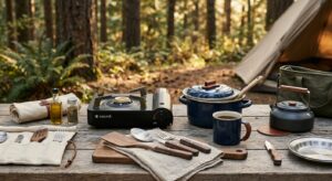 A professional editorial flat-lay of high-quality camping kitchen gear, including a sleek portable s