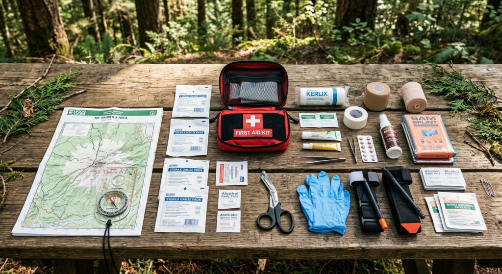 A high-quality, top-down editorial flat lay of a professional first aid kit gear spread out on a wea