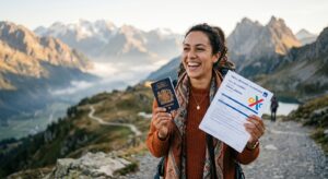 A professional editorial photograph of a joyful traveler holding a passport and a travel insurance d