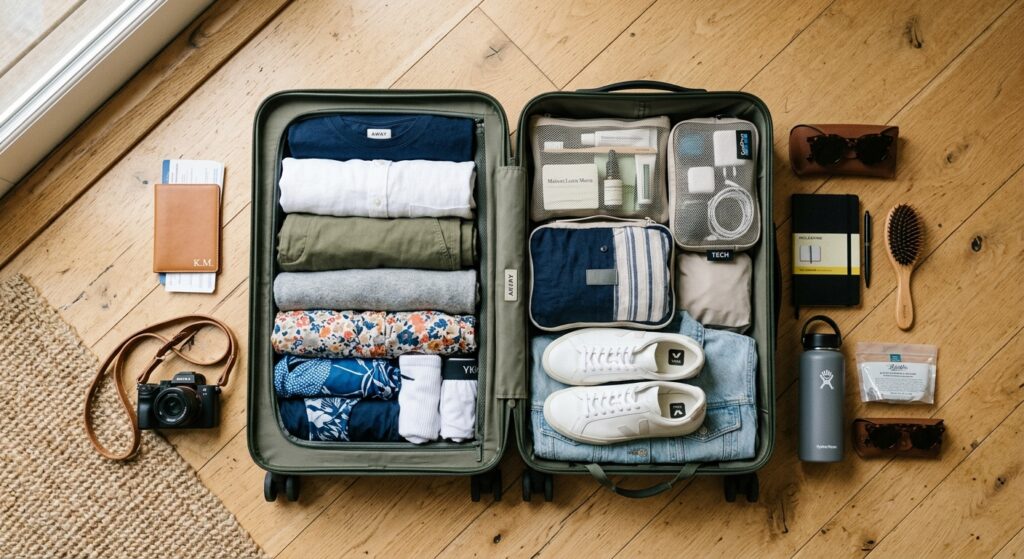 A flat-lay photograph of an open carry-on suitcase neatly packed with organized travel essentials an