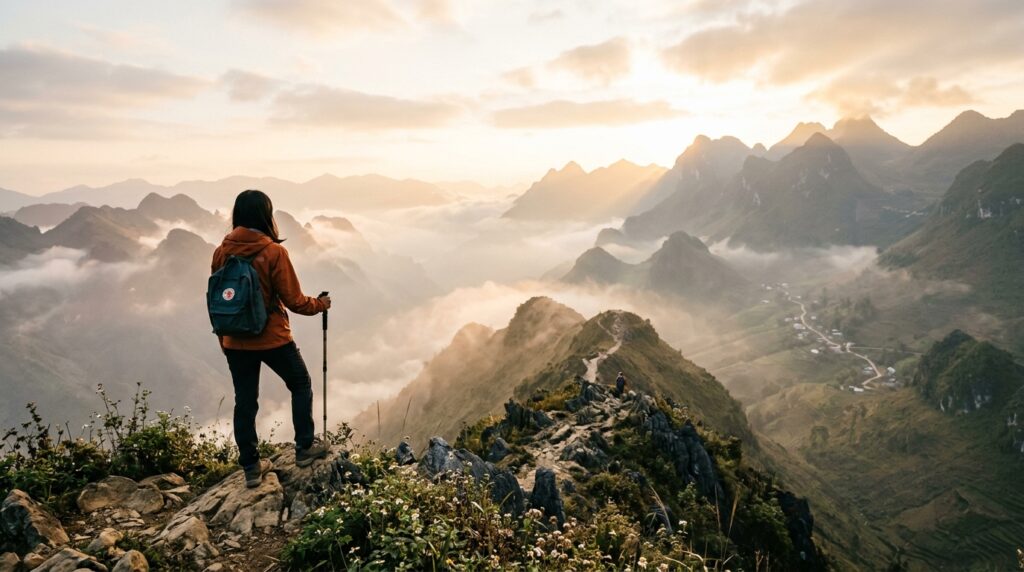A cinematic, editorial-style wide shot of a traveler with a small backpack standing on a mountain ri