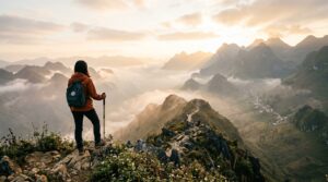A cinematic, editorial-style wide shot of a traveler with a small backpack standing on a mountain ri