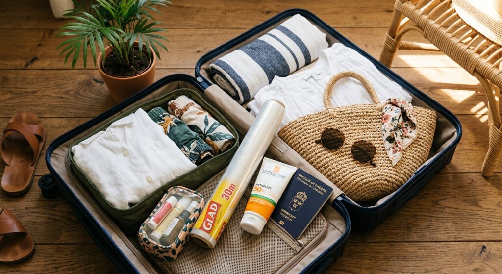 A professional, high-angle editorial photograph of travel essentials neatly packed inside a suitcase