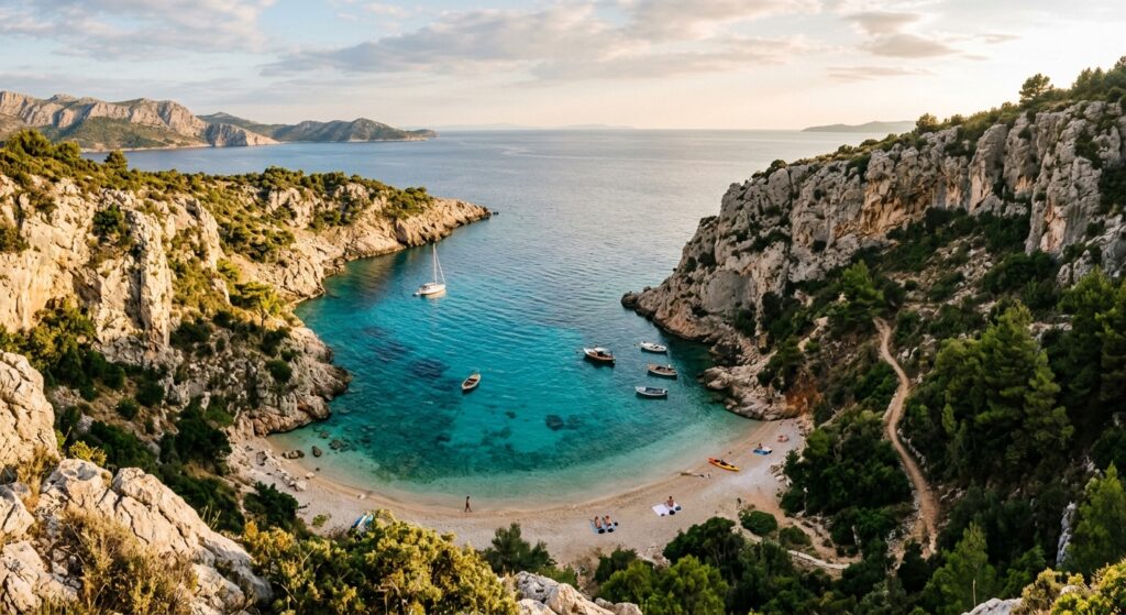 A serene, high-angle editorial photograph of a secluded turquoise bay nestled between rugged limesto