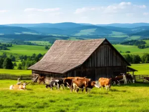 Agroturystyka Beskidy dla dzieci - malowniczy widok na beskidzkie gospodarstwo z pasącymi się zwierzętami i górami w tle