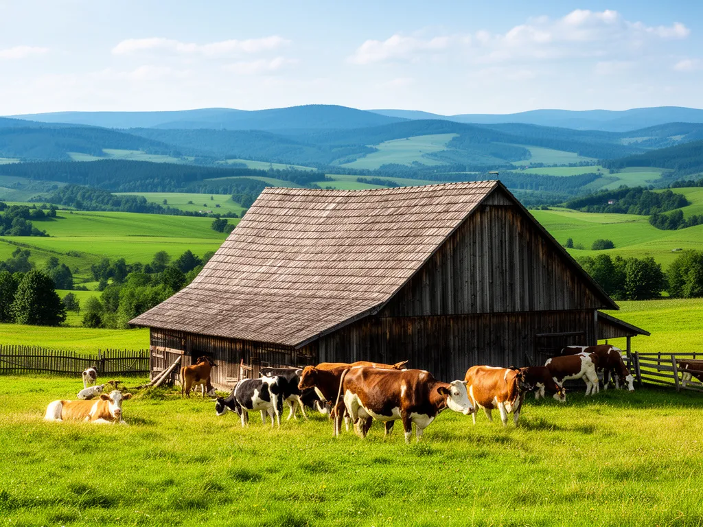 Agroturystyka Beskidy dla dzieci - malowniczy widok na beskidzkie gospodarstwo z pasącymi się zwierzętami i górami w tle