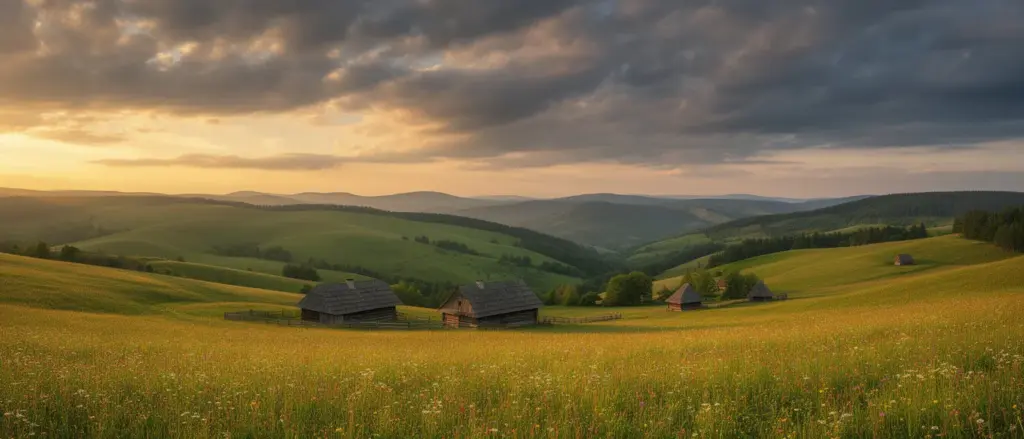 Agroturystyka Bieszczady - malownicze połoniny i tradycyjne drewniane zagrody w dolinie górskiej o zachodzie słońca