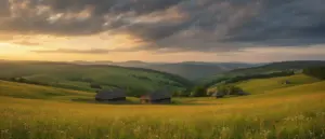 Agroturystyka Bieszczady - malownicze połoniny i tradycyjne drewniane zagrody w dolinie górskiej o zachodzie słońca