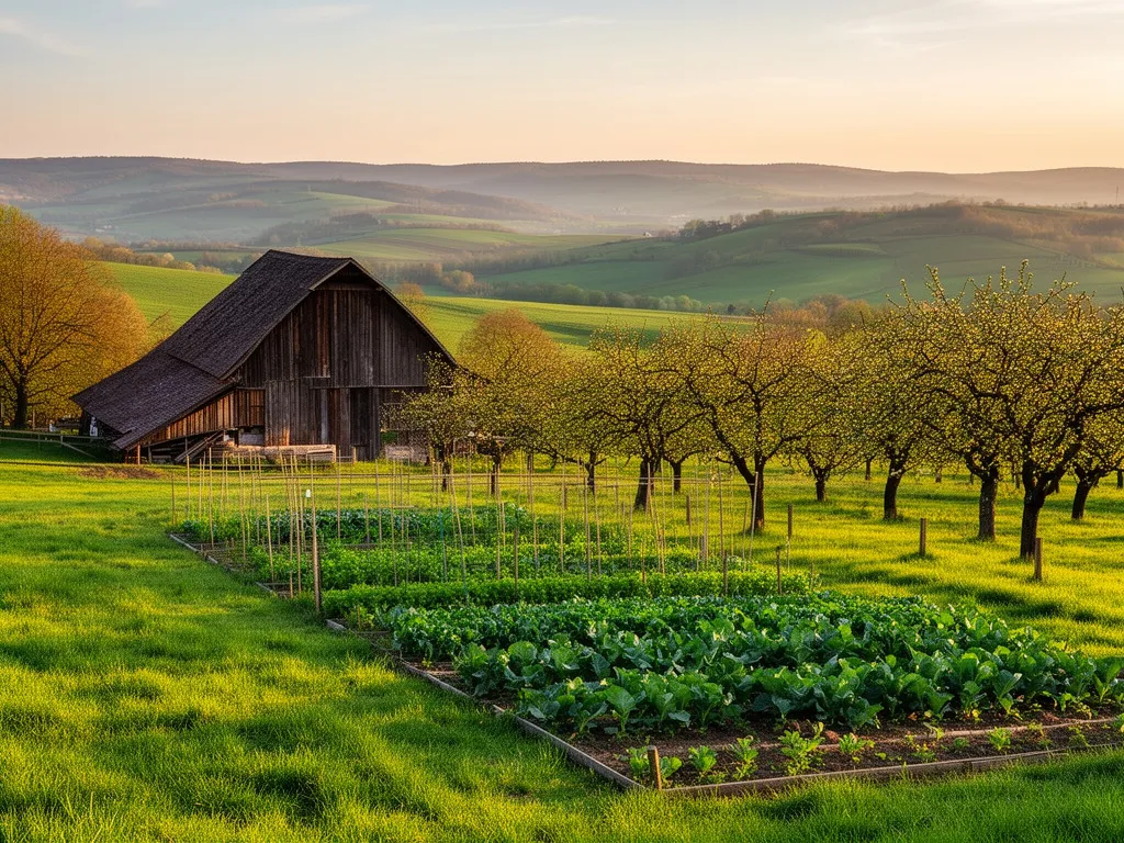 Agroturystyka co to - malowniczy krajobraz wiejskiego gospodarstwa z drewnianą stodołą i zielonymi łąkami