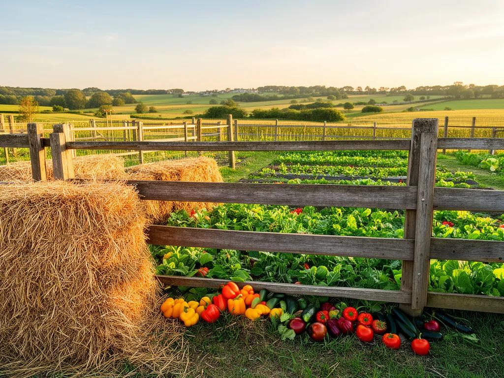 Agroturystyka dla dzieci - malownicze gospodarstwo wiejskie z ogrodem warzywnym i stogami siana na tle zielonej łąki