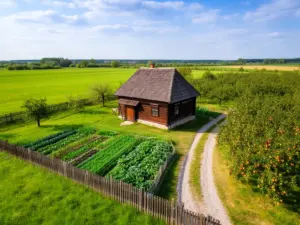 Agroturystyka dla grup zorganizowanych - malowniczy widok na tradycyjne gospodarstwo wiejskie z ogrodem i sadami