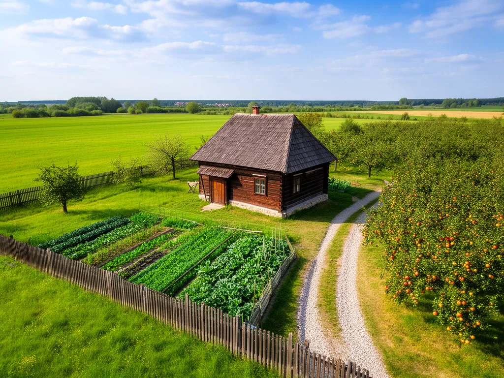 Agroturystyka dla grup zorganizowanych - malowniczy widok na tradycyjne gospodarstwo wiejskie z ogrodem i sadami