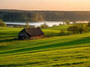 Agroturystyka kujawsko-pomorskie - malowniczy krajobraz wiejski z tradycyjnym gospodarstwem nad jeziorem