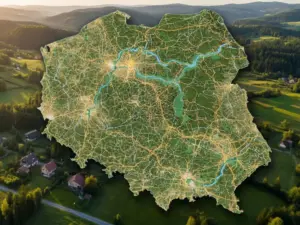 Agroturystyka mapa Polski z zaznaczonymi gospodarstwami wiejskimi na tle malowniczych pól i lasów