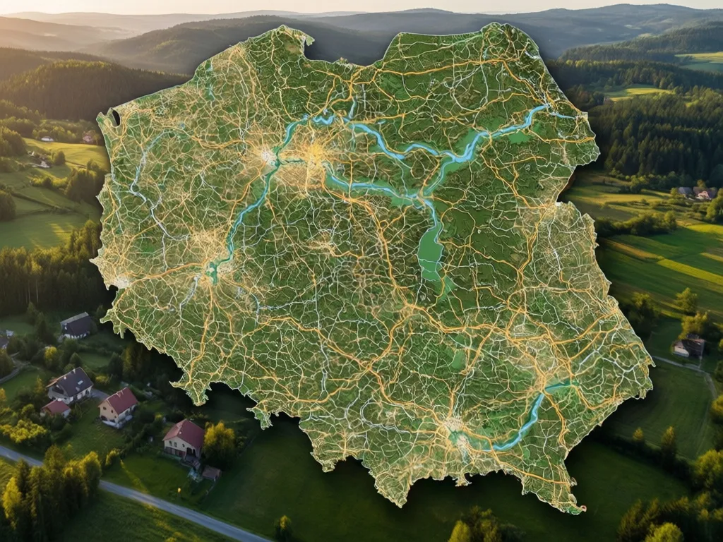 Agroturystyka mapa Polski z zaznaczonymi gospodarstwami wiejskimi na tle malowniczych pól i lasów