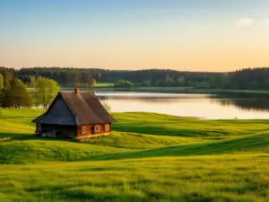 Tradycyjne gospodarstwo agroturystyka Mazury nad jeziorem otoczone zielonymi łąkami i lasami