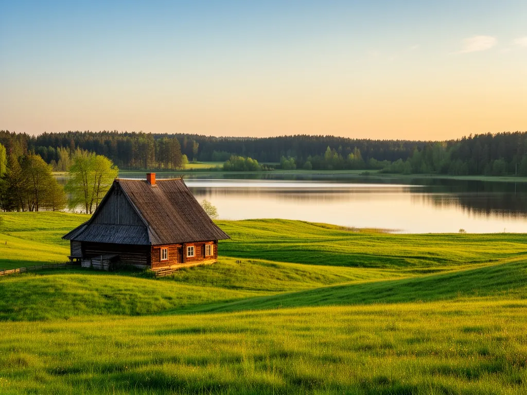 Tradycyjne gospodarstwo agroturystyka Mazury nad jeziorem otoczone zielonymi łąkami i lasami