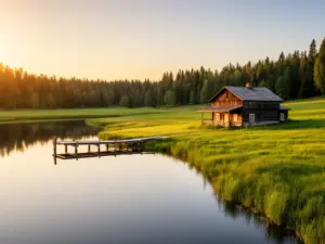 Agroturystyka nad jeziorem - drewniany dom z pomostem nad czystą taflą wody otoczony łąkami i lasem