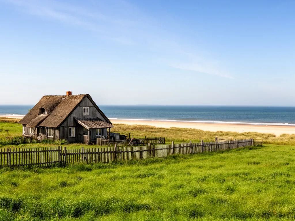 Agroturystyka nad morzem - widok na wiejskie gospodarstwo z zielonymi łąkami i plażą w tle