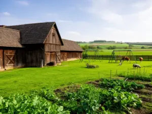 Agroturystyka opolskie dla dzieci - tradycyjne gospodarstwo z placem zabaw i zwierzętami gospodarskimi na tle zielonych łąk