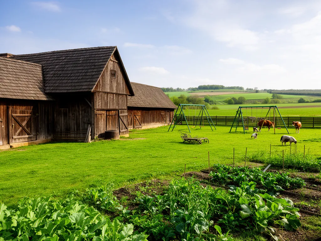Agroturystyka opolskie dla dzieci - tradycyjne gospodarstwo z placem zabaw i zwierzętami gospodarskimi na tle zielonych łąk