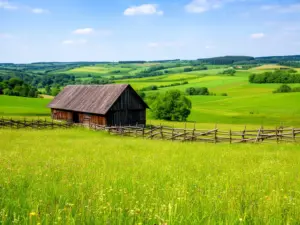 Malowniczy krajobraz polskiej wsi idealny na agroturystyka polska - zielone łąki, drewniana stodoła i kwitnące pola