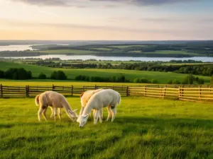Agroturystyka z alpakami Mazury – alpaki pasące się na łące z widokiem na jeziora mazurskie i malownicze wzgórza