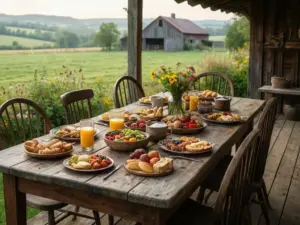 Agroturystyka z wyżywieniem - tradycyjne śniadanie na tarasie gospodarstwa wiejskiego z widokiem na łąki