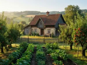 Agroturystyka z wyżywieniem - wiejskie gospodarstwo z ogrodem warzywnym i sadem na tle malowniczych pól