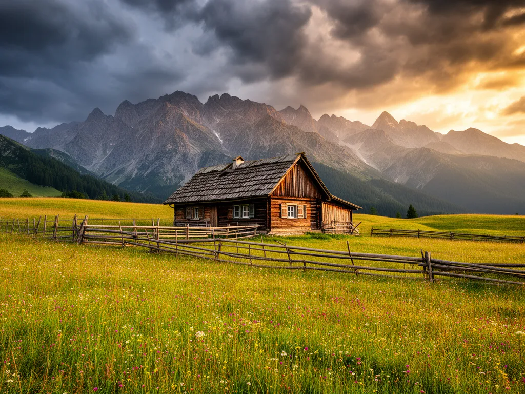 Agroturystyka zakopane - drewniany dom góralski na tle Tatr z zieloną łąką i kwiatami