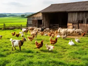 Agroturystyka ze zwierzętami - gospodarstwo wiejskie z kurami, kozami i królikami na podwórku otoczonym zielenią
